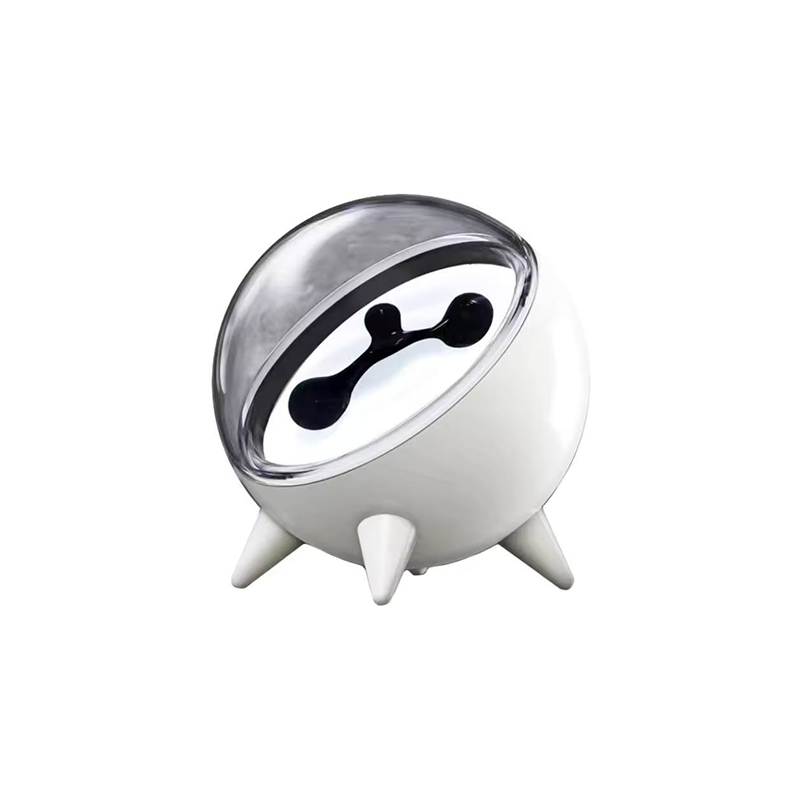 White and silver speaker with a black design on a white background