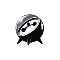 Black and silver speaker with a black design on a white background