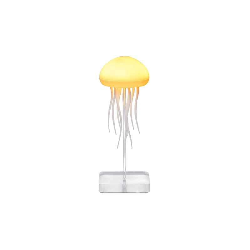 Jellyfish-shaped lamp with a yellow light on a white background